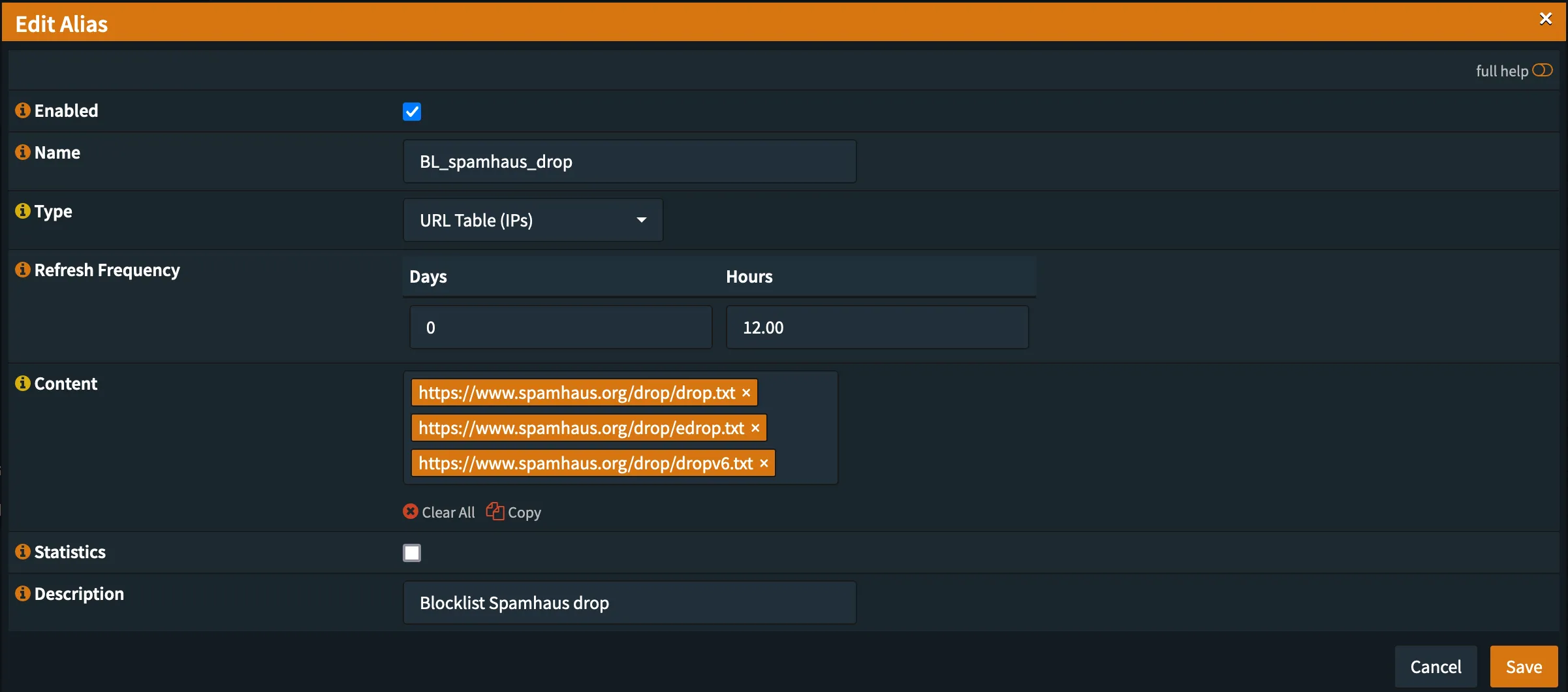 OPNsense alias configuration for Spamhaus blocklist