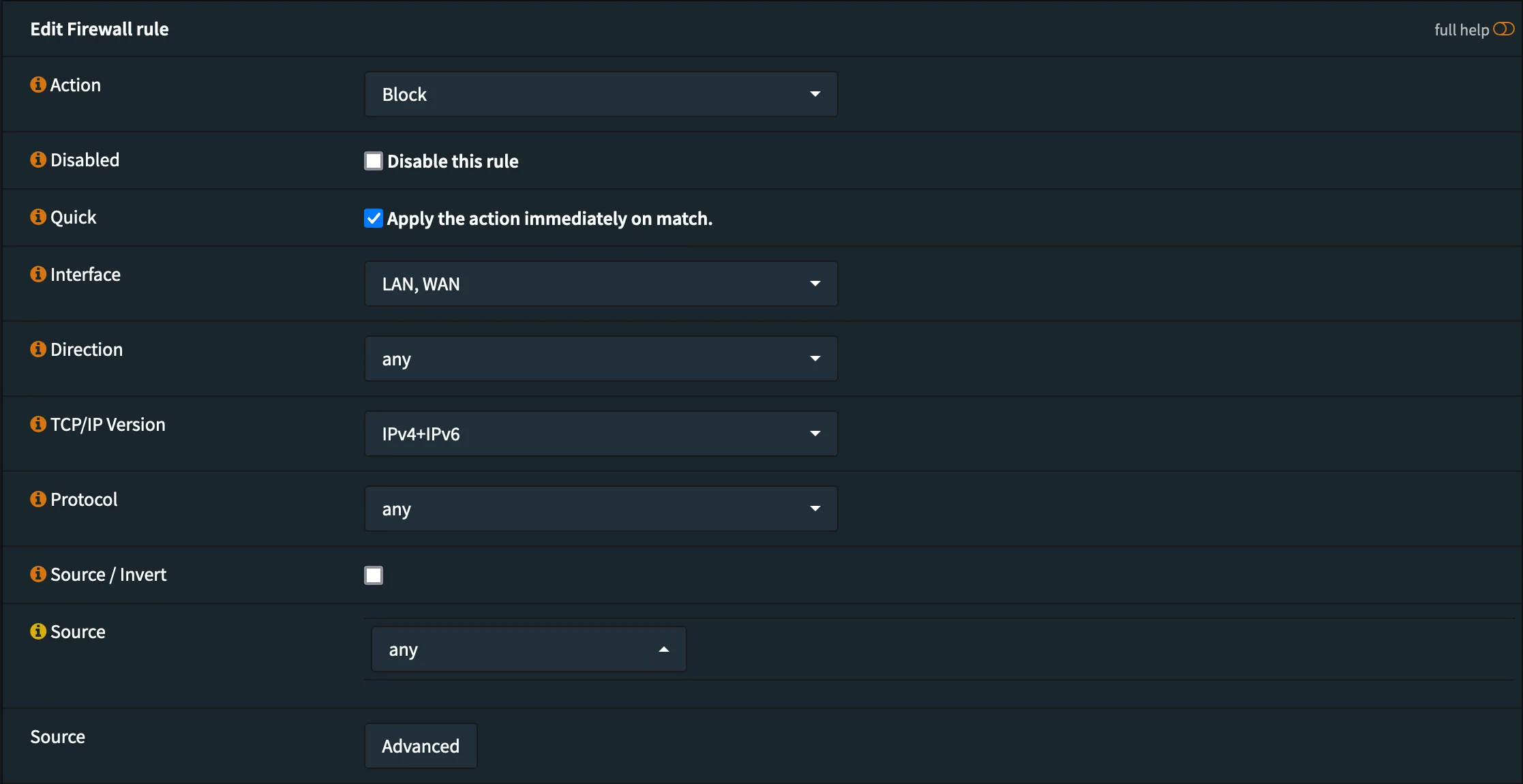 OPNsense floating firewall rule configuration