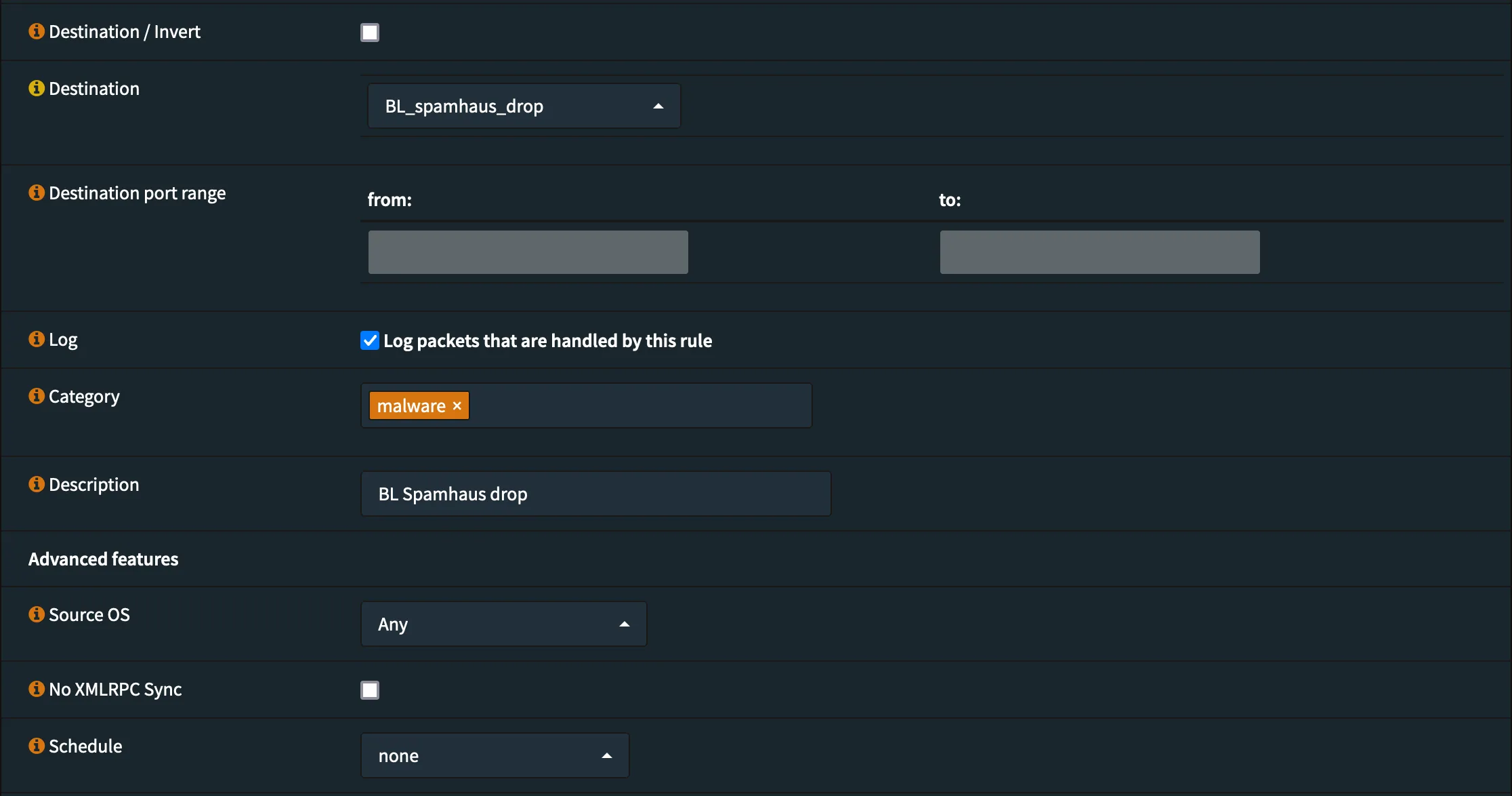 OPNsense firewall rule settings detail