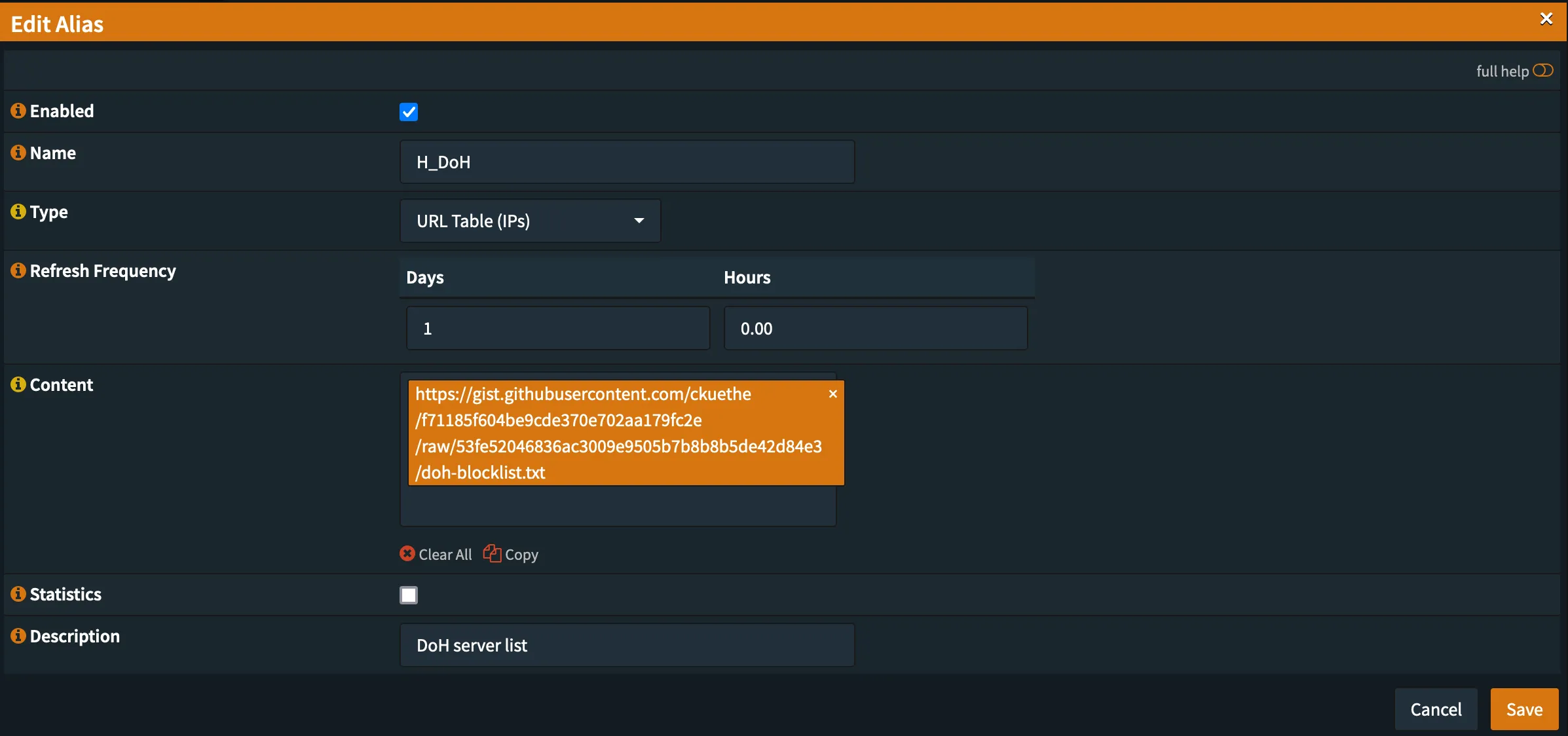 OPNsense Edit Alias dialog showing DoH blocklist configuration