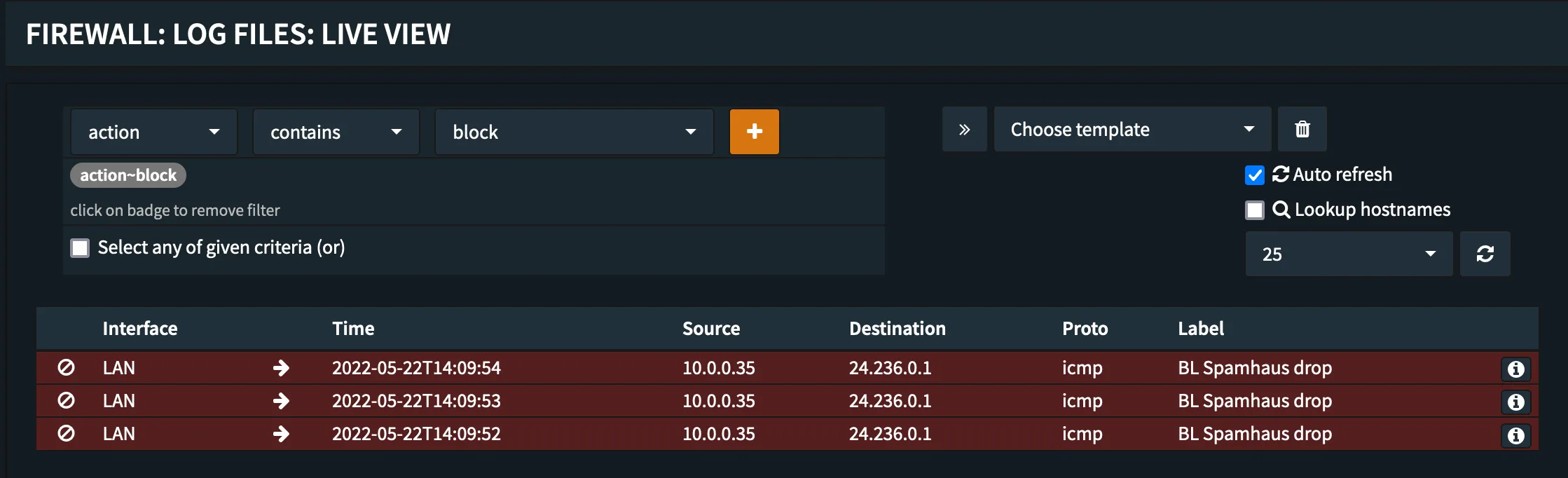 OPNsense firewall live log showing blocked traffic